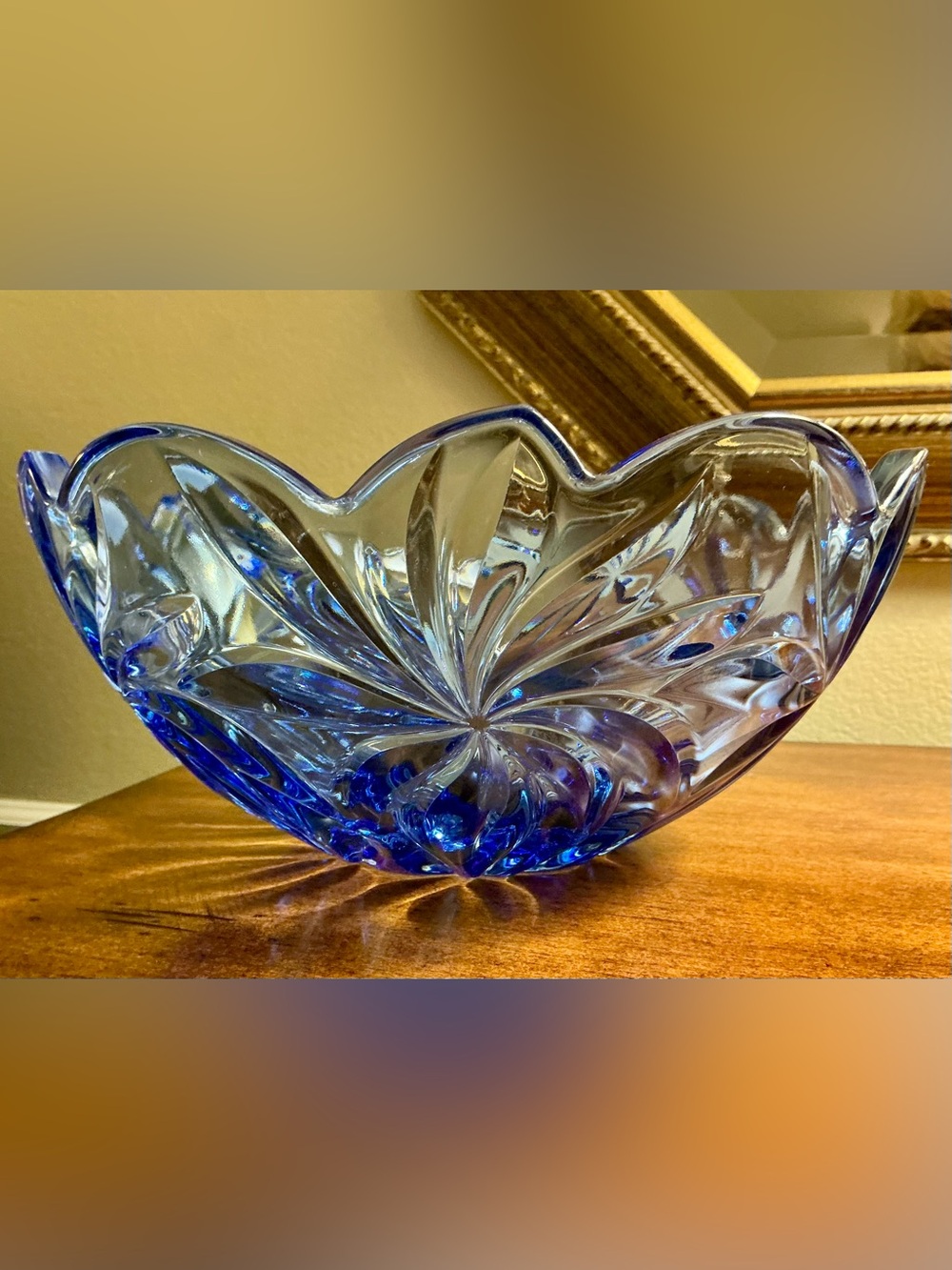 Bohemia Crystal “Flora” Decorative Centerpiece Bowl in vibrant blue. 11.25” D
